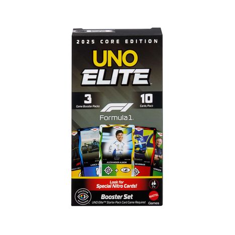 2025 Core Edition: UNO Elite Formula 1. Enthält 3 Booster Packs, 10 Karten/Päckchen. Special Nitro Cards.