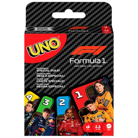 "UNO Formel 1. Inklusive einer speziellen Regel! Logos und Rennfahrer auf bunten Karten. Ab 7 Jahren, 2–10 Spieler."