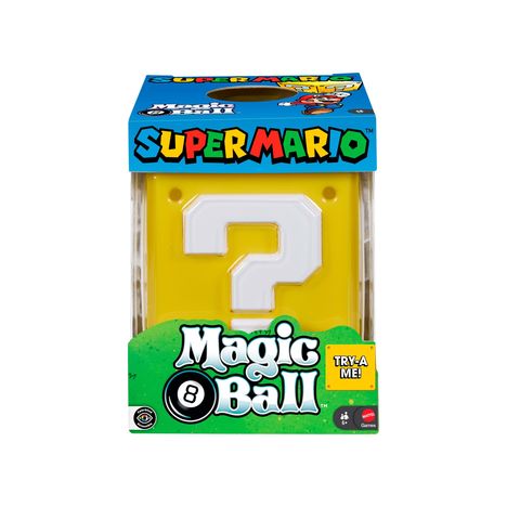 "Super Mario", "Magic 8 Ball", "Try-a-me!". Gelbe Box mit Fragezeichen, grüner Schriftzug.