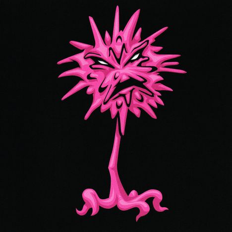 Rosa Kreatur mit stacheligem Kopf und grimmigem Gesichtsausdruck auf schwarzem Hintergrund, detaillierte Illustration.