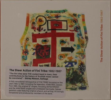 Text: „The Sheer Action of Fini Tribe: 1982-1987.“ Buntes, abstraktes Design mit Formen und Farben.