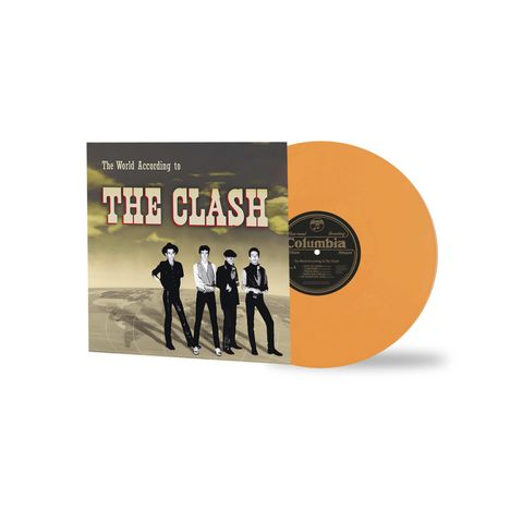 "The World According to THE CLASH" steht über einem Schwarz-Weiß-Foto der Band. Orangefarbene Schallplatte daneben.