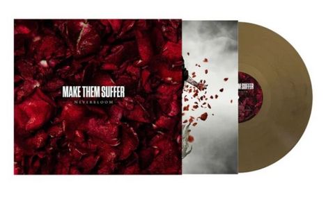 Text: "NEVERBLOOM". Eine dunkle, verhüllte Gestalt umgeben von rot fliegenden Blütenblättern.