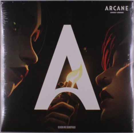 ARCANE, League of Legends-Logo. Großes „A“, darunter „SEASON ONE SOUNDTRACK“. Zwei Gesichter im Profil, eins mit Feuerzeug.