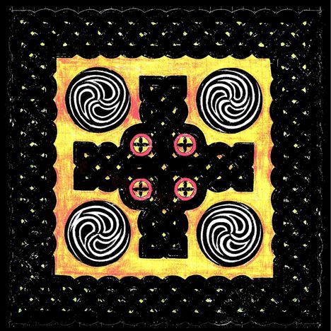 Eine markante Illustration mit kreisförmigen, schwarz-weißen Spiralmustern und geometrischen Formen auf gelbem Hintergrund.