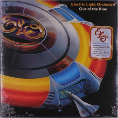 Electric Light Orchestra, Out of the Blue. Illustration eines Raumschiffs mit bunten Lichtstreifen und einem kleinen Raumschiff.