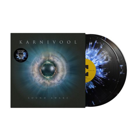 Text: "Karnivool", "Sound Awake". Abstrakte Grafik eines Auges auf Vinyl-Cover, schwarzes Vinyl mit blauem Muster.