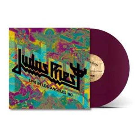 „Judas Priest“, „Live in Los Angeles ‘90“. Ein buntes Plattencover mit einer violetten Schallplatte.