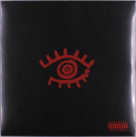 Rotes Auge-Symbol zentriert auf schwarzem Hintergrund, ein Warnhinweis für explizite Inhalte unten rechts.