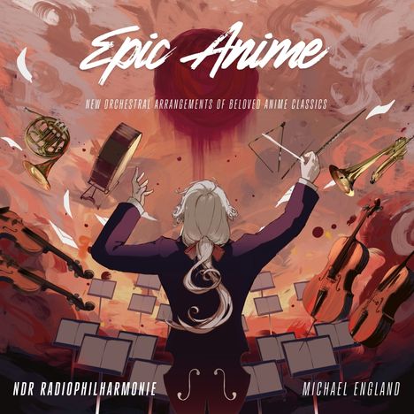 "Epic Anime: New Orchestral Arrangements of Beloved Anime Classics" steht über einem dirigierenden Mann inmitten von Instrumenten.