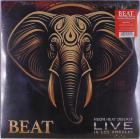 Text: "BEAT", "NEON HEAT DISEASE LIVE IN LOS ANGELES". Illustration eines stilisierten Elefantenkopfes.