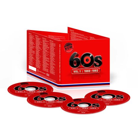 Rote Box mit "Now Presents 60s Vol. 1: 1960-1962". Enthält fünf CDs, jeweils mit ähnlichem Text.