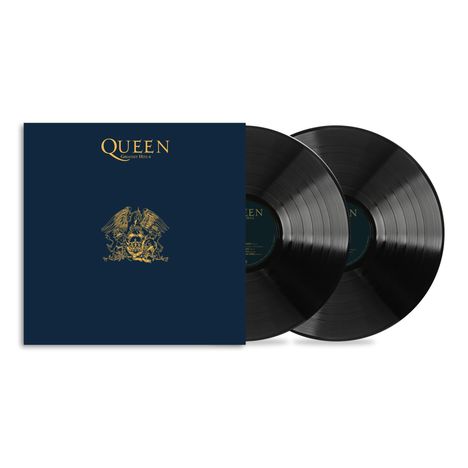 Aufschrift "Queen Greatest Hits II", blaues Cover mit goldenem Wappen. Zwei schwarze Vinyl-Schallplatten.