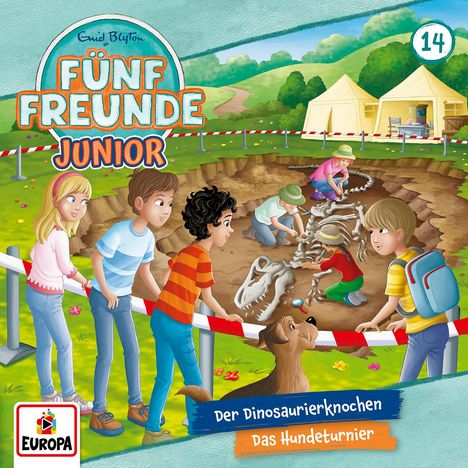 Titel: "Fünf Freunde Junior", "Der Dinosaurierknochen", "Das Hundeturnier". Kinder bei einer Ausgrabung. Ein Hund schaut zu.