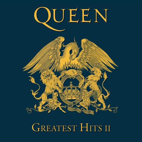 "QUEEN", "Greatest Hits II", goldener Adler und Löwen um ein Wappen auf dunkelblauem Hintergrund.