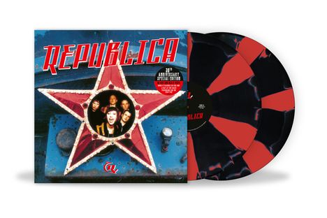 "REPUBLICA" in roter Schrift über einem roten Stern mit Bandfotos. Schwarze und rote Vinyl-Schallplatten daneben.