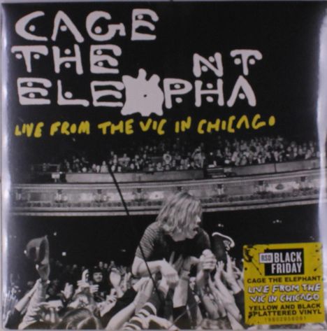"Cage the Elephant Live From The Vic in Chicago". Schwarz-Weiß-Foto mit Mensch über einer Menge. RSD Black Friday Sticker.