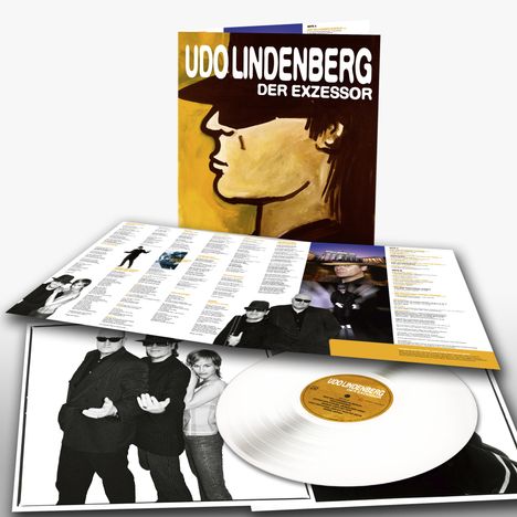 „UDO LINDENBERG DER EXZESSOR“ auf einem Plattencover mit gelber Illustration eines Gesichts im Profil und Vinyl.