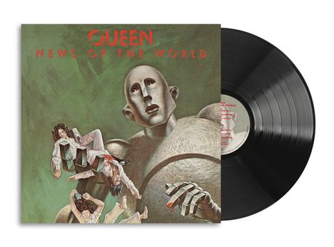 „QUEEN NEWS OF THE WORLD“ in roter Schrift. Illustration mit einem großen Roboter, der Menschen in der Hand hält.