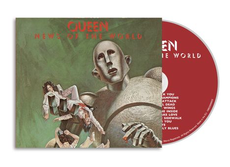 „QUEEN NEWS OF THE WORLD“ steht oben. Eine Illustration zeigt einen riesigen Roboter mit Menschen in seiner Hand.