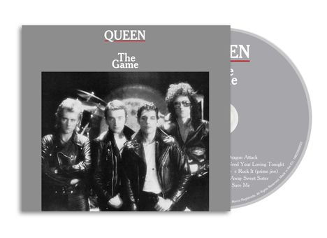 "QUEEN The Game"; Vier Männer in Lederjacken, s/w, posieren vor einem Schlagzeug; graues CD-Design.