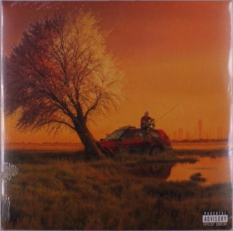 "Parental Advisory - Explicit Content". Ein rotes Auto unter einem Baum, eine Person angelt, orangefarbener Himmel im Hintergrund.