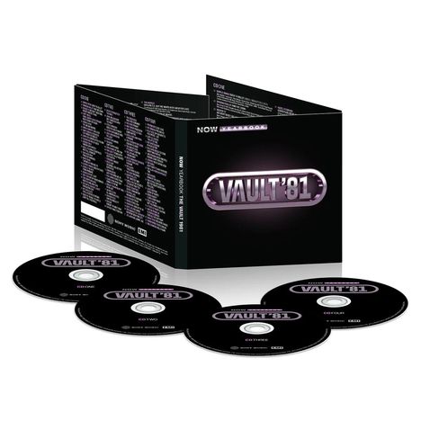 Box-Set "NOW Yearbook: The Vault '81". Vier CDs vor einer aufgeklappten Box mit Titel und Liedern.