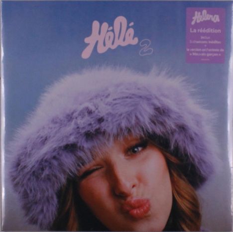 Text: "Hélèna", "La réédition", "5 chansons inédites". Frau mit lilafarbenem, flauschigem Hut zwinkert und macht Kussmund.