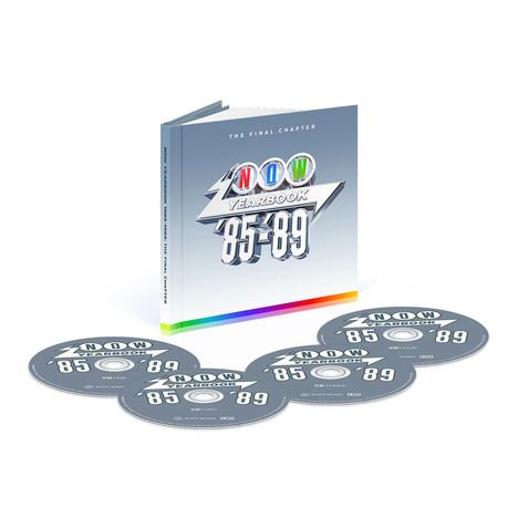 „NOW Yearbook 85-89: The Final Chapter“ Buch und fünf CDs in Grau mit buntem Rand.