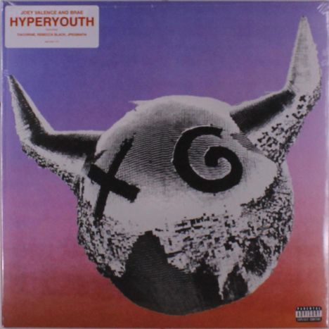 "JOEY VALENCE AND BRAE HYPERYOUTH" oben links. Illustration: Kugel mit Hörnern, X und Spirale vor Farbverlaufshintergrund.