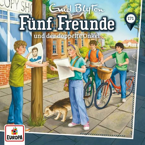 Text: "Fünf Freunde und der doppelte Onkel." Vier Kinder mit Fahrrädern und ein Hund stehen auf einem Gehweg. Ein Junge klebt ein "Missing"-Plakat an einen Pfosten. Europa-Logo unten links.
