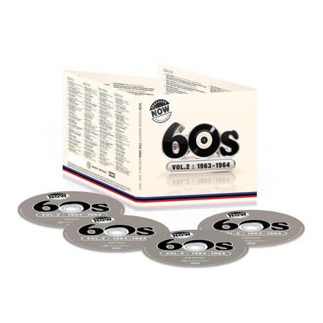 Text "60s VOL. 2: 1963-1964", 5 CDs und Hülle mit weißen Textlisten auf beigem Hintergrund.