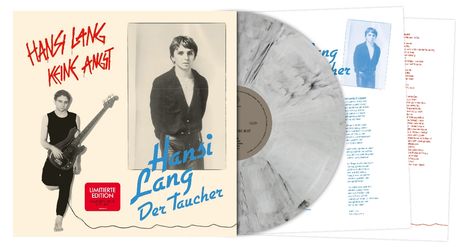Cover mit Text: "Hansi Lang Keine Angst" und "Hansi Lang Der Taucher". Foto eines Mannes und einer Marmor-Vinyl-Schallplatte.