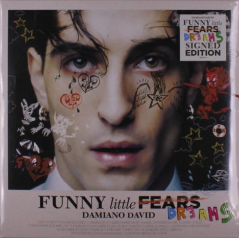 "FUNNY little FEARS DREAMS SIGNED EDITION" steht oben rechts. Unten der Name Damiano David. Gesicht mit Illustrationen.