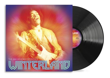 "The Jimi Hendrix Experience WINTERLAND." Ein Musiker spielt leidenschaftlich Gitarre, umgeben von einem farbigen Leuchten.
