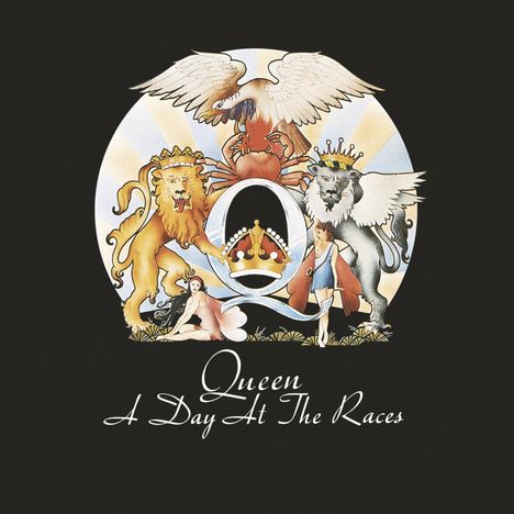 „Queen A Day At The Races“ in eleganter Schrift. Illustration mit Krone, Löwen, Phönix und Figuren auf schwarzem Hintergrund.
