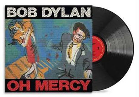 Text: "BOB DYLAN OH MERCY". Illustration: Zwei Menschen tanzen. Rechts daneben eine schwarze Vinyl-Schallplatte.