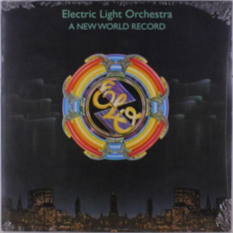 "Electric Light Orchestra" und "A New World Record" oben. Darunter ein buntes, kreisförmiges Logo, Stadt-Silhouette am Boden.