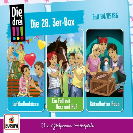Texte: "Die drei !!!", "Die 28. 3er-Box", "Luftballonküsse", "Ein Fall mit Herz und Huf", "Rätselhafter Raub", "Europa". Drei Illustrationen mit Mädchen.