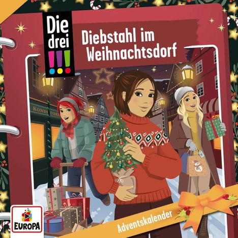 „Diebstahl im Weihnachtsdorf“ ist der Titel. Drei Mädchen in Winterkleidung, festliches Ambiente, Geschenke und Dekorationen.