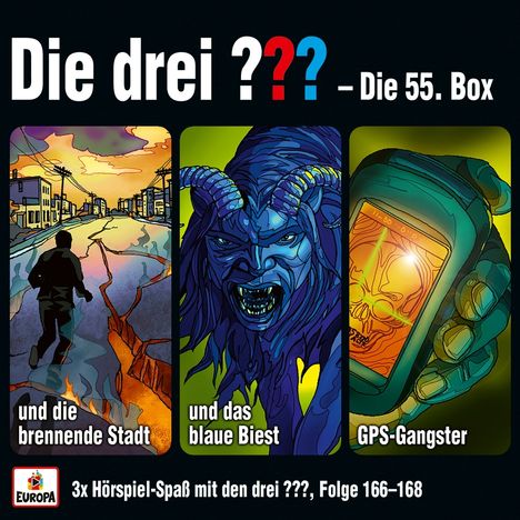 Die drei ??? – Die 55. Box. Illustrationen zeigen eine brennende Stadt, ein blaues Biest und ein GPS-Gerät mit Totenkopf.