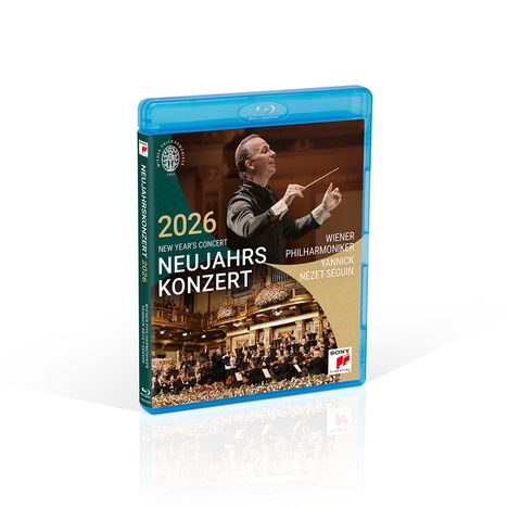 2026 Neujahrskonzert der Wiener Philharmoniker mit Yannick Nézet-Séguin. Orchester in prächtigem Saal, Dirigent oben.