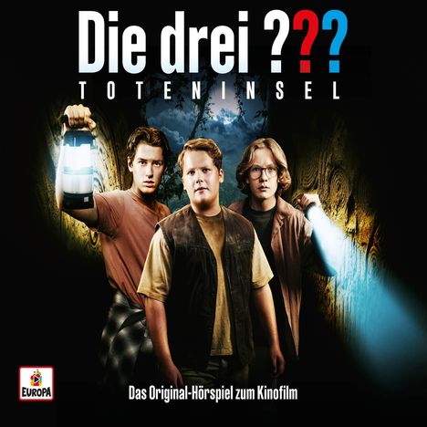„Die drei ??? Toteninsel“, „Das Original-Hörspiel zum Kinofilm“. Drei Jugendliche mit Lampe in einem Wald.