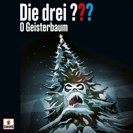 "Die drei ??? O Geisterbaum" zeigt einen unheimlichen Tannenbaum mit einem gespenstischen Gesicht und bunten Lichtern.
