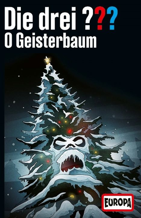 Oben steht „Die drei ??? O Geisterbaum“. Unten rechts ist ein EUROPA-Logo. Ein bedrohlich aussehender Weihnachtsbaum.