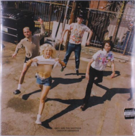 Unter dem Bild stehen die Worte "Amyl and the Sniffers" und "Cartoon Darkness". Vier Personen rennen dynamisch auf einer Straße.
