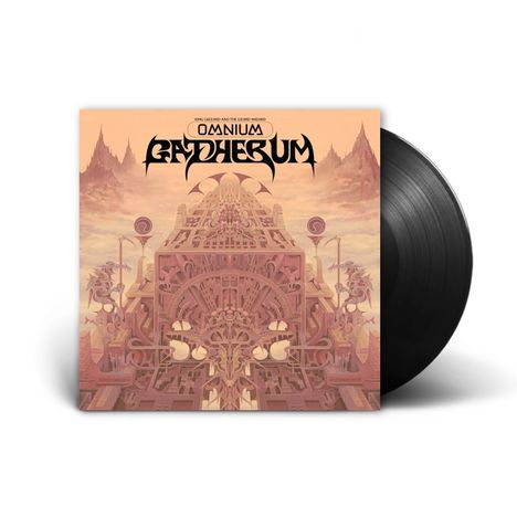 Text: "Omnium Gatherum". Illustration: Fantastische Landschaft mit komplexer Architektur und Bergen. Schallplatte sichtbar.