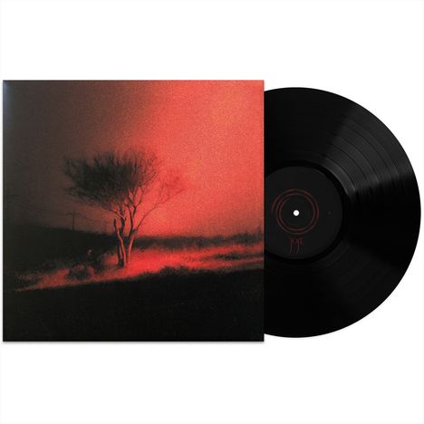 Text „A“ und „Joy“. Illustration eines Baumes in roter, düsterer Landschaft mit einer Schallplatte daneben.