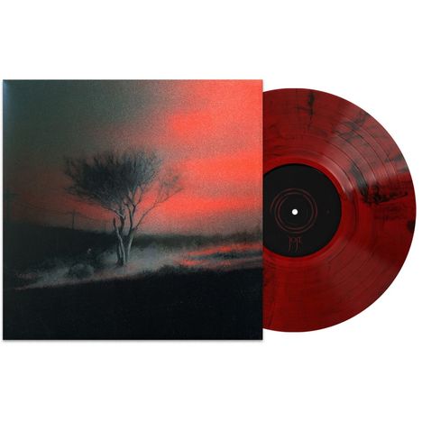 Ein Albumcover zeigt eine düstere Landschaft, rot und schwarz. Ein Baum steht im Vordergrund, der Himmel ist dramatisch rot.