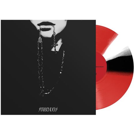 Text "STARBENDERS" unten. Ein Schwarz-Weiß-Bild zeigt ein Gesicht mit Ketten. Links eine rot-schwarze Vinyl-Schallplatte.